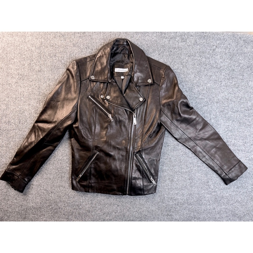 Calvin Klein Womens Small Black Leather Moto Jacket Asymmetrical Zip Biker Coat